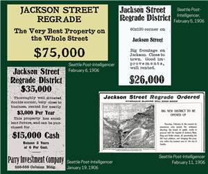 Newspaper clippings advertising real estate in the Jackson Street Regrade District. Against a green background